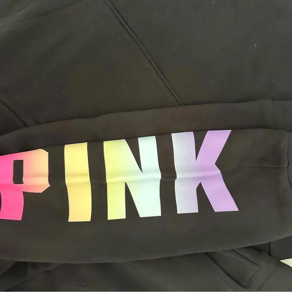 Victoria's Secret PINK Black Hoodie & Joggers with Iridescent Rainbow Logo